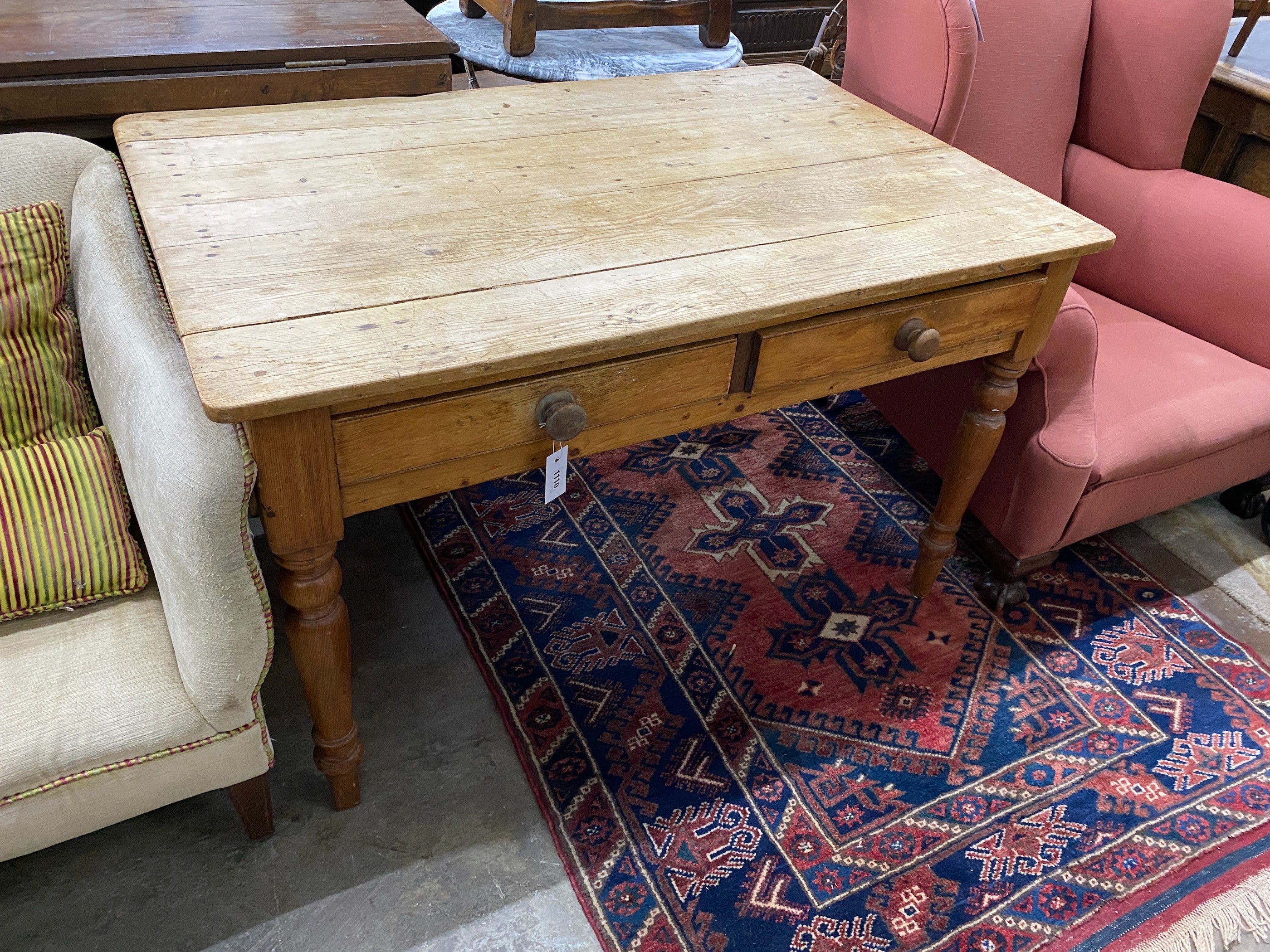 A Victorian pine two drawer kitchen table, length 121cm, depth 79cm, height 74cm